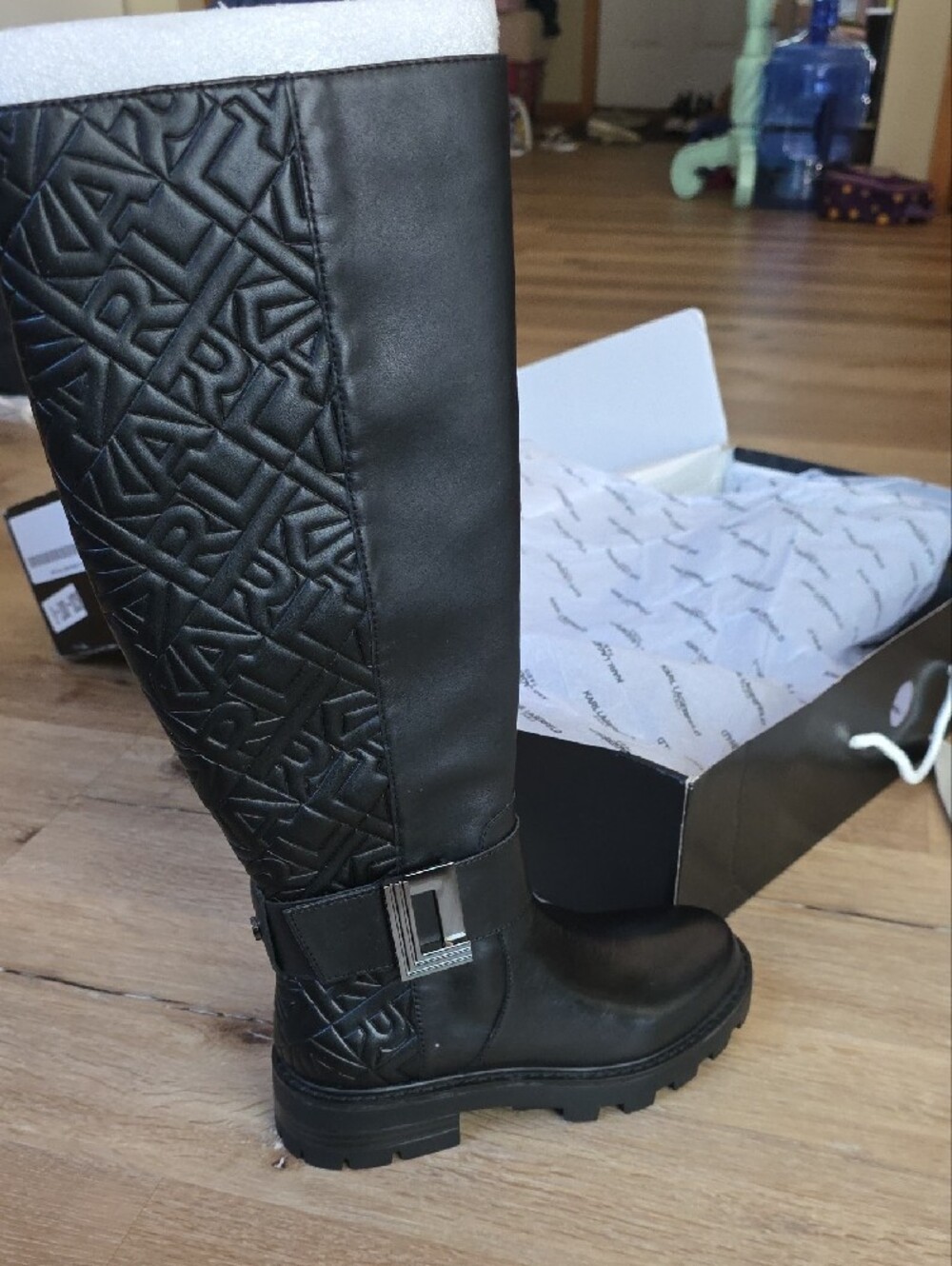 Karl Lagerfeld Black Quilted Tall Moto Boot with Buckle Accent - Picture 2 of 6